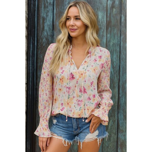 Sugar Magnolia Sheer Lightweight Floral Long Sleeve Boho Southern Blouse - Picture 1 of 5